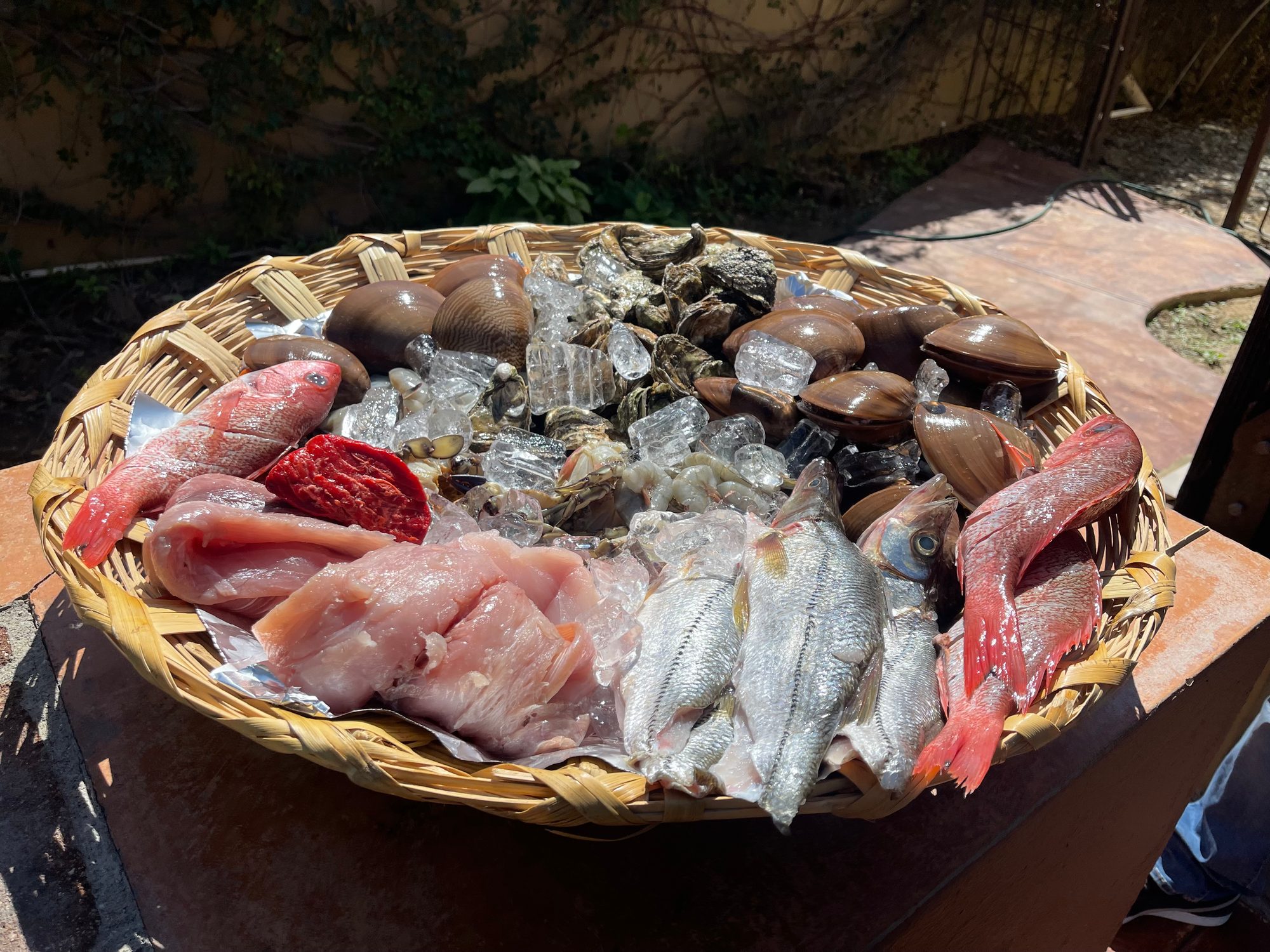 The day's catch on ice in a woven basket — whole red snapper, clams, oysters, shrimp and fresh fillets, ready for a private chef service in Los Cabos